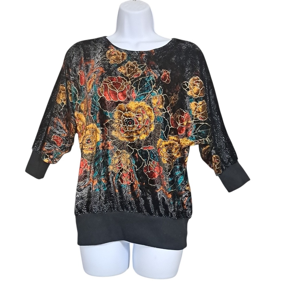 Vintage Western Connection Top Small Black Burnout Velvet Floral Sparkle 90s